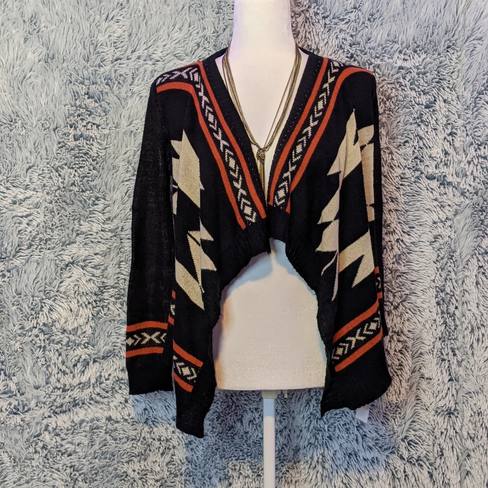 π 2/$30 Roly Poly β Women's Boho S / M Aztec Black Wrap Open Cardigan Sweater - Picture 3 of 8